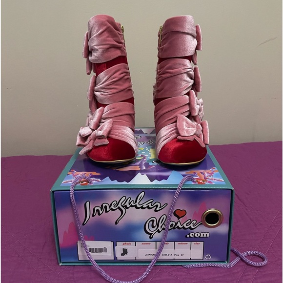 Irregular Choice Unwrap Me Pink and Red Velvet Boots - Picture 5 of 12
